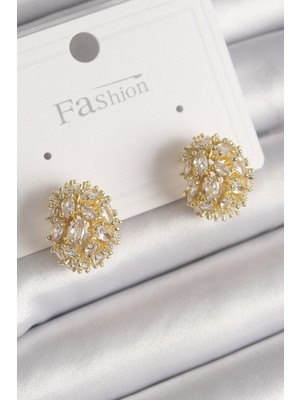 İlkyaz Fashion Pirinç Gold Renk Zirkon Taşlı Kadın Küpe - TJ-BKP9796