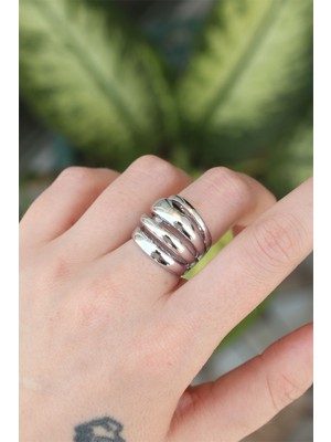 İlkyaz Fashion Pirinç Gümüş Renk Ayarlanabilir Tırtıklı Bombe Yüzük - TJ-BYK3169