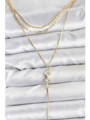 İlkyaz Fashion Pirinç Gold Renk Zirkon Taş Detaylı 3'lü Kombin Y Kadın Kolye - TJ-BKO10691