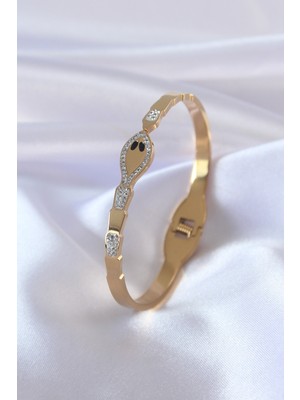 İlkyaz Fashion 316L Çelik Gold Renk Yılan Model Zirkon Taş Detay Kadın Kelepçe - TJ-BB5054