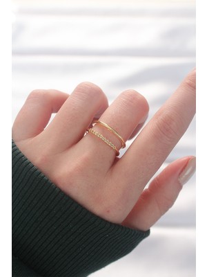 İlkyaz Fashion 2li Görünümlü Su Yolu Tasarımlı Gold Renk Ayarlanabilir Yüzük - TJ-BYK3136