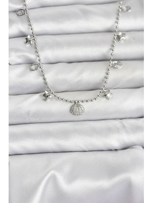 İlkyaz Fashion Pirinç Gümüş Renk Zirkon Taşlı Deniz Kabuğu Model Kadın Kolye - TJ-BKO10656