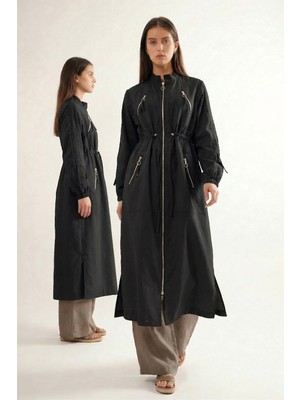 Ceremony Hakim Yaka Beli Büzgülü Önden Fermuar Detaylı Safari Kap Ceket 822 Siyah