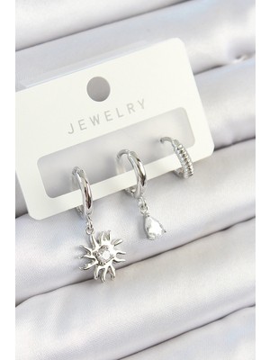 İlkyaz Fashion Pirinç Zirkon Taşlı Güneş Model Gümüş Renk 3'lü Çift Kadın Küpe Set - TJ-BKP10799