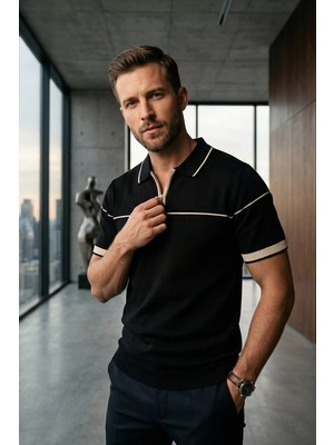 Erkek Yarım Fermuarlı Polo Yaka Likralı Triko Tişört P-00020492