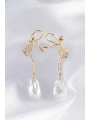 İlkyaz Fashion Pirinç Gold Renk Fiyonk Model Inci Taşlı Uzun Küpe - TJ-BKP8923