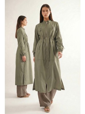 Ceremony Hakim Yaka Beli Büzgülü Önden Fermuar Detaylı Safari Kap Ceket 822 Yeşil