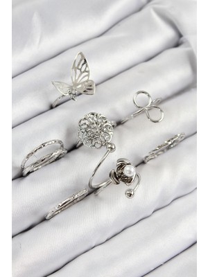 İlkyaz Fashion Pirinç Gül Model Gümüş Renk Kadın Yüzük Kombin Set - TJ-BYK3810