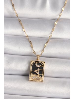 İsmiyle Al 316L Çelik Gold Renk Zirkon Taşlı Ay Figürlü Tarot Model Kadın Kolye