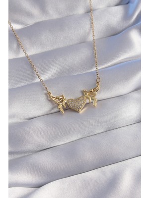 İsmiyle Al 316L Çelik Zincir Gold Renk Zirkon Taşlı Kalp Model Kelebek Detay Kolye