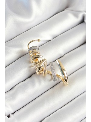 İlkyaz Fashion Pirinç Zirkon Taş Kaplamalı Sarmal Figürlü Gold Renk Kadın Sağ Kıkırdak Küpe - TJ-BKP10630