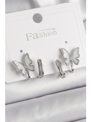 İlkyaz Fashion Pirinç Gümüş Renk Zirkon Taş Detaylı Beyaz Sedefli Model Kadın Küpe - TJ-BKP9869