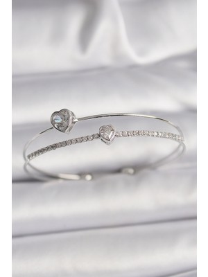 İsmiyle Al Pirinç Gümüş Renk Zirkon Taşlı Kalp Model Kadın Bileklik