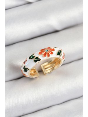İlkyaz Fashion Pirinç Beyaz Mineli Çiçek Motifli Gold Renk Ayarlanabilir Kadın Yüzük - TJ-BYK3806