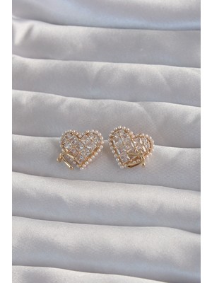 İlkyaz Fashion Pirinç Gold Renk Fiyonk Detay Incili Zirkon Taşlı Kalp Küpe - TJ-BKP9299