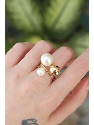 İlkyaz Fashion Pirinç Gold Renk Ayarlanabilir Inci Taşlı Yüzük - TJ-BYK3180