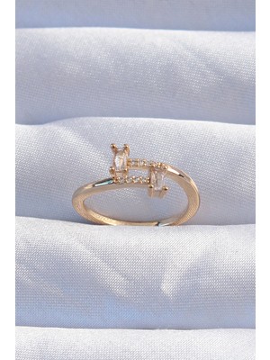 İsmiyle Al Pirinç Gold Renk Zirkon Taşlı Geometrik Ayarlanabilir Yüzük