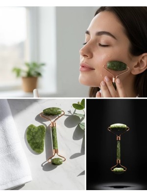Store Mania Ieg™ Doğal Yeşim Roller ve Gua Sha Yüz Şekillendirme Seti