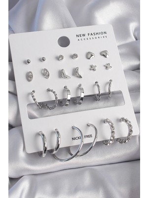 İsmiyle Al Pirinç Gümüş Renk 12 Çift Kadın Küpe Seti