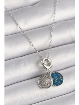 İsmiyle Al 316L Çelik Gümüş Renk Zincir Zirkon Taşlı Işleme Mavi Simli Kadın Kolye