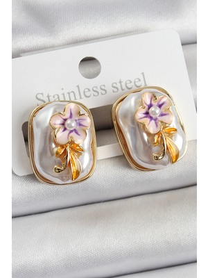 İlkyaz Fashion Pirinç Beyaz Mineli Inci Detaylı Çiçek Figürlü Sanatsal Portre Model Gold Renk Kadın Küpe -