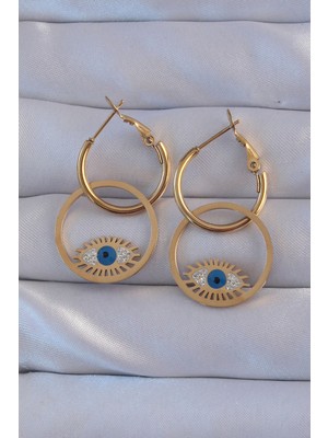 İlkyaz Fashion 316L Çelik Gold Renk Zirkon Taşlı Mavi Göz Tasarımlı Halka Küpe - TJ-BKP9161