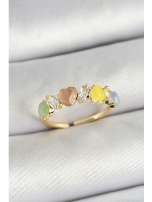 İlkyaz Fashion Pirinç Sıralı Kalp Figürlü Zirkon Taşlı Gold Renk Ayarlanabilir Kadın Yüzük - TJ-BYK3754