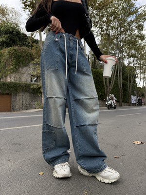 Pileli Store Venedik Bağcıklı Oversize Cargo Jean - Vintage Mavi