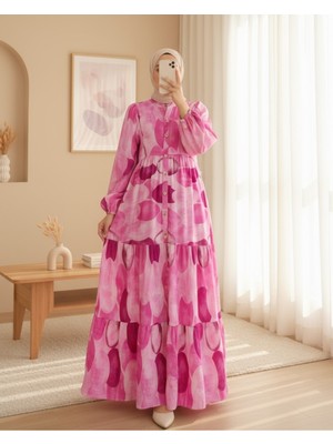 Modamorfo Daire Desen Yarım Düğmeli Kolu Lastikli Elbise -Fuşya