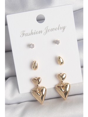 İlkyaz Fashion Pirinç Gold Renk Zirkon Taşlı Sallantılı Kalp Model 3 Çift Kadın Küpe Seti - TJ-BKP10610