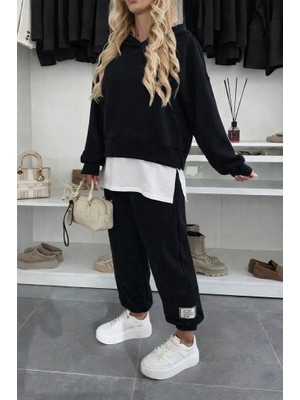 Bizcomoda Kadın Uzun Kollu Kapşonlu Viskon Iki Iplik Bluz ve Pantolon Ikili Takım