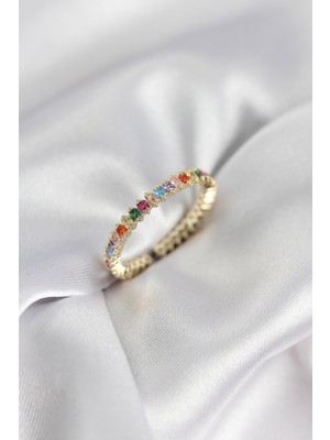 İlkyaz Fashion Sıralı Karışık Renkli Gold Renk Zirkon Taşlı Kadın Yüzük - TJ-BYK3928