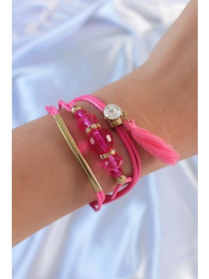 İlkyaz Fashion Pembe Zirkon Taşlı Ipli Püskül Detay Çoklu Bileklik - TJ-BB6360