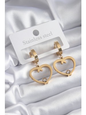 İlkyaz Fashion 316L Çelik Gold Renk Kalp Model Zirkon Taş Detay Kadın Küpe - TJ-BKP8120