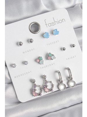 İlkyaz Fashion Pirinç Gümüş Renk Zirkon Taşlı Sallantı Halka Model Çiçek Detay 7 Çift Kadın Küpe Seti -