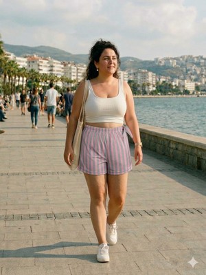 Pembe-Gri Çizgili, Lastik Belli, Fiyonklu Şık Milan Şort