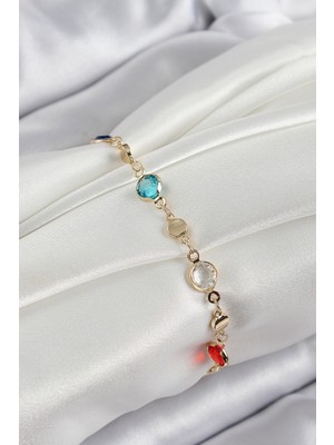 İlkyaz Fashion Pirinç Karışık Renk Zirkon Taşlı Gold Renk Kadın Bileklik - TJ-BB7051