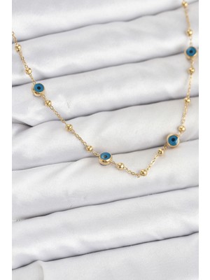 İlkyaz Fashion 316L Çelik Gold Renk Nazarlı ve Topçuklu Model Kadın Kolye - TJ-BKO10814