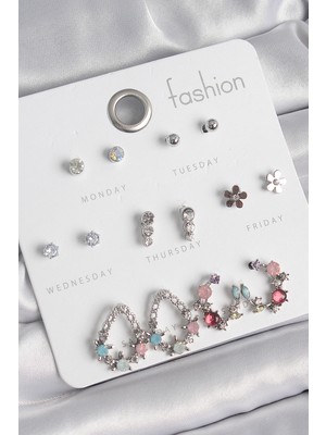 İlkyaz Fashion Pirinç Gümüş Renk Zirkon Taşlı Damla Model Çiçek Detay 7 Çift Kadın Küpe Seti - TJ-BKP105