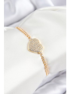 İlkyaz Fashion Pirinç Zirkon Taşlı Kalp Model Gold Renk Asansörlü Kadın Bileklik - TJ-BB7747