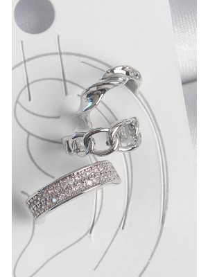 İlkyaz Fashion Pirinç Gümüş Renk Zirkon Taşlı 3'lü Zincir Sarmal Model Kadın Kıkırdak Küpe - TJ-BKP10565