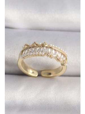 İlkyaz Fashion Pirinç Gold Renk Zirkon Taşlı Inci Detay Vıp Seri Kadın Yüzük - TJ-BYK3520