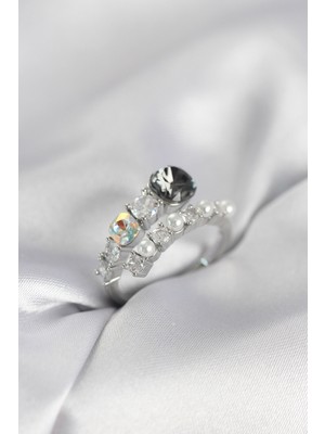 İsmiyle Al Gümüş Renk Pirinç Zirkon Taşlı Incili Kadın Yüzük