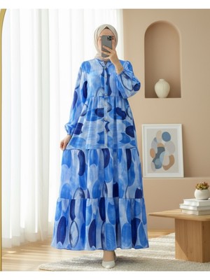 Modamorfo Daire Desen Yarım Düğmeli Kolu Lastikli Elbise -Koyu Mavi