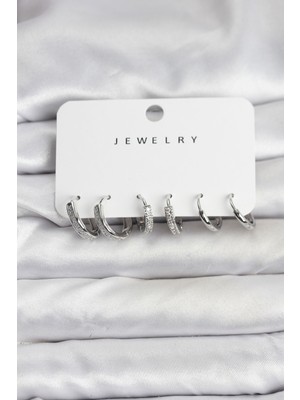 İlkyaz Fashion Zirkon Taşlı Gümüş Renk Pirinç Kadın Küpe Seti - TJ-BKP11480