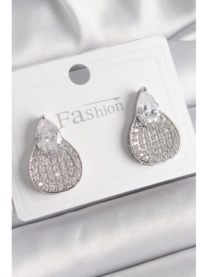 İlkyaz Fashion Pirinç Gümüş Renk Zirkon Taşlı Damla Model Kadın Küpe - TJ-BKP9871