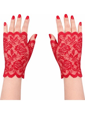 İlkyaz Fashion Kırmızı Dantel Parmaksız Kısa Eldiven