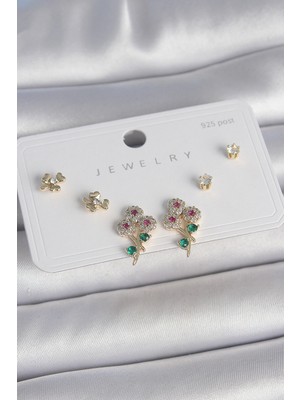 İlkyaz Fashion Pirinç Gold Renk Renkli Zirkon Taşlı Çiçek Model Yaprak Detay 925 Ayar Gümüş Çivi Kadın K�