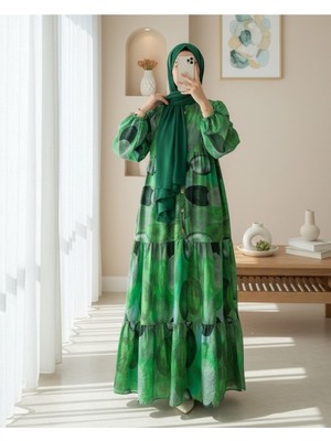 Modamorfo Daire Desen Yarım Düğmeli Kolu Lastikli Elbise -Koyu Yeşil