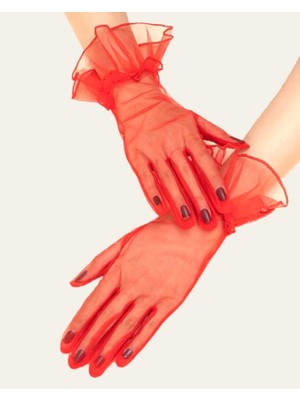 İlkyaz Fashion Kısa Boy Likralı Güpürlü Yetişkin Tül Eldiven Kırmızı Renk